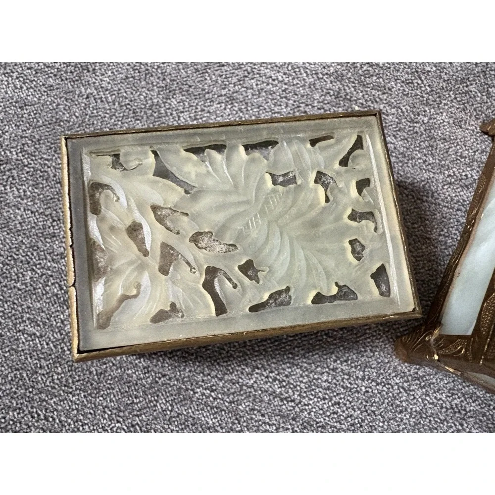 2 Antique Carved Chinese Cigarette And Matchbox Trinket‎ Ornate Boxes Jade Brass